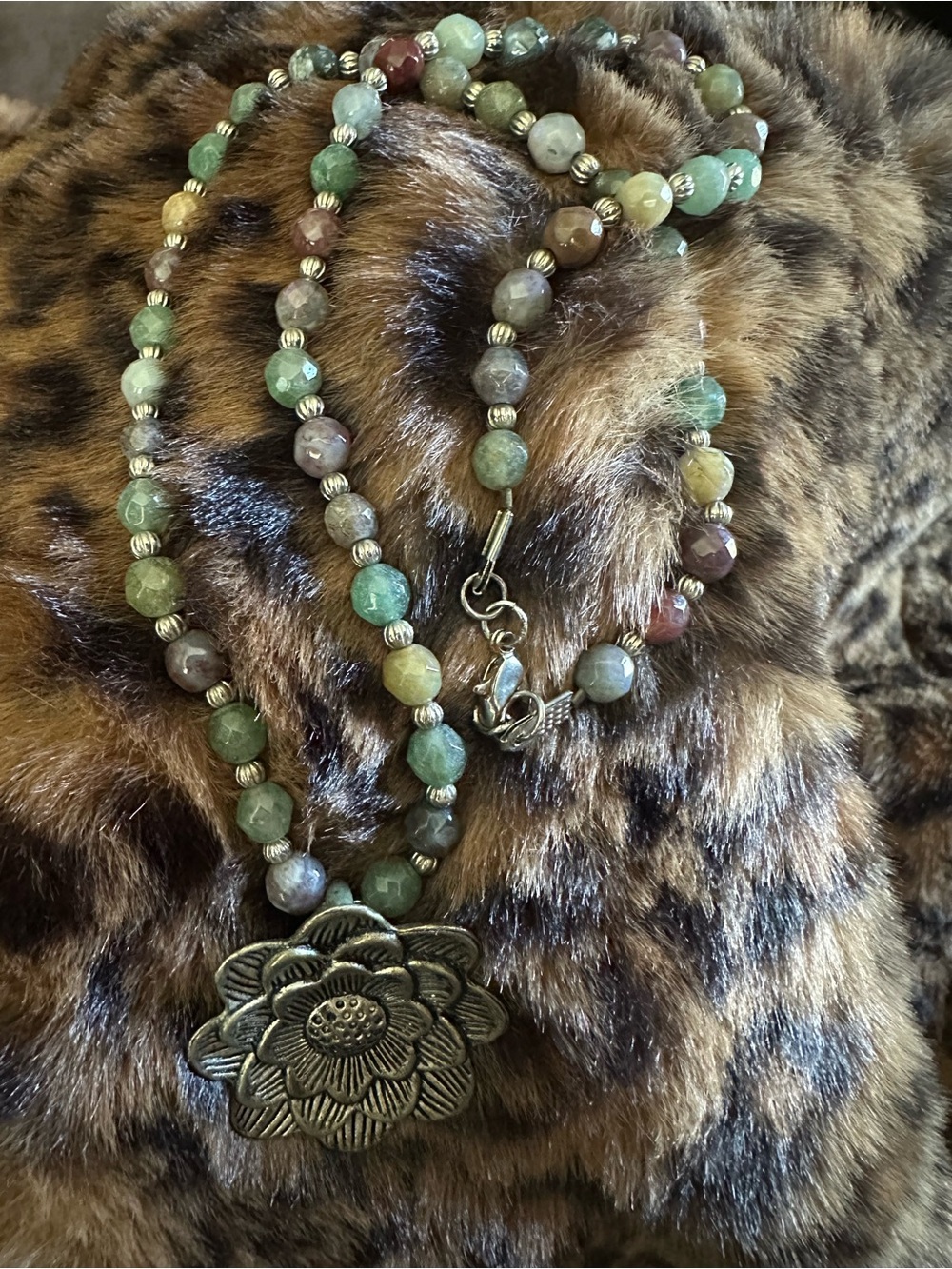 Multicolor Green Beaded Lotus Pendant Necklace
